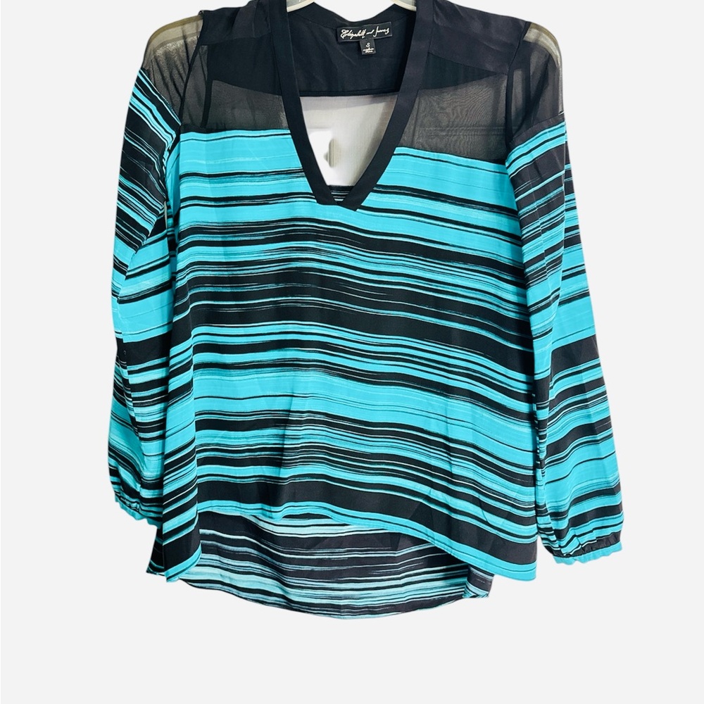 Elizabeth and James Black and Blue Striped V-Neck Blouse